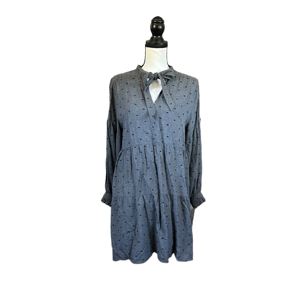 Zara Tiered Babydoll Mini Dress Neck Bow Long Sleeve Retro Gray Swiss Dot Medium